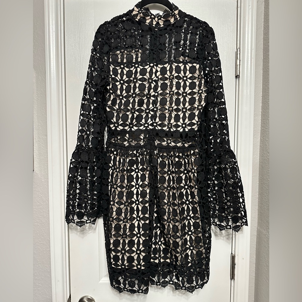 Lace Openwork Mock Neck Mini Dress - Picture 12 of 13